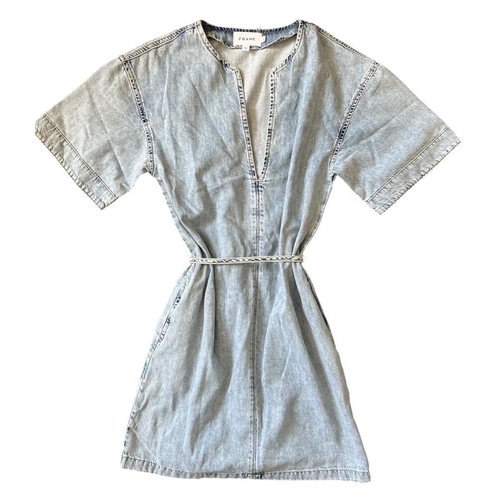 FRAME Breezy Denim Belted Mini Dress Size XS Light Wash